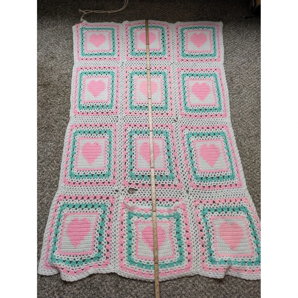Handmade Crochet Crib Blanket Baby Girls Pink Heart Squares 38x58 Multicolor